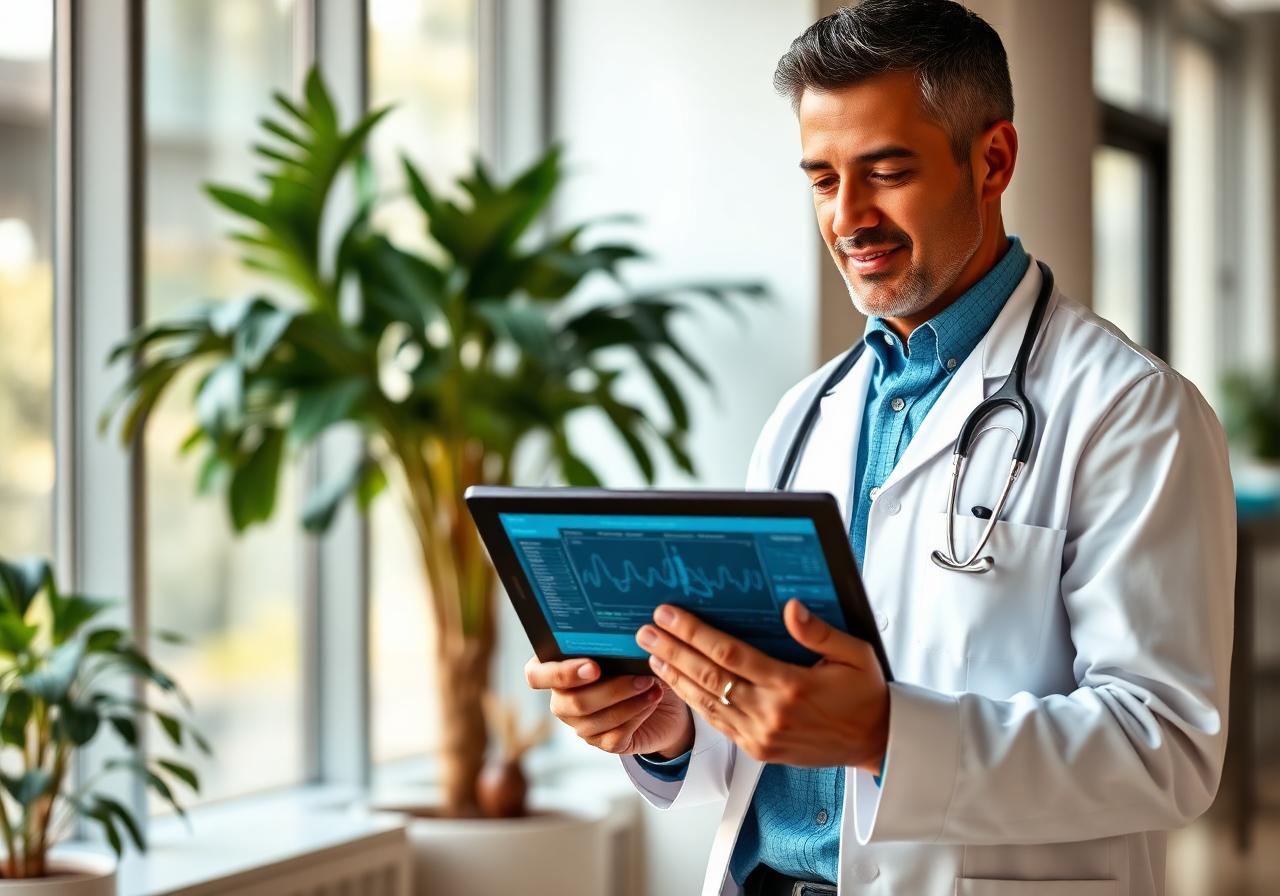 Pneumologista revisando laudo de função pulmonar em tablet